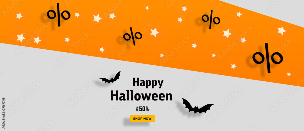 Happy Halloween party invitation or sale banners background with paper bats on orange