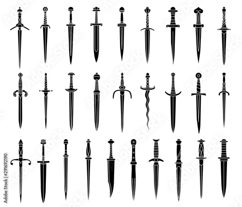 Leinwand Poster Set of simple monochrome images of medieval dagger and dirk.