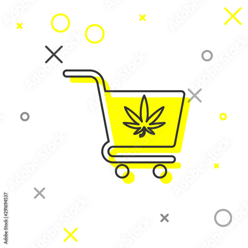 Grey line Shopping cart with marijuana or cannabis leaf icon isolated on white background. Online buying. Delivery service. Supermarket basket. Vector Illustration