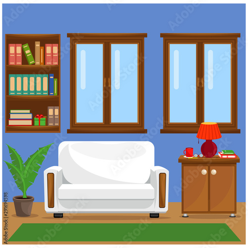 Vector illustration with sofa, bookcase, window and lamp. The interior of the living room.