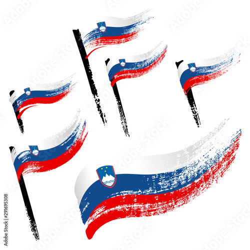 Set of national symbols - grunge flags of Slovenia isolated on white background. Hand-drawn illustration. Flat style. 