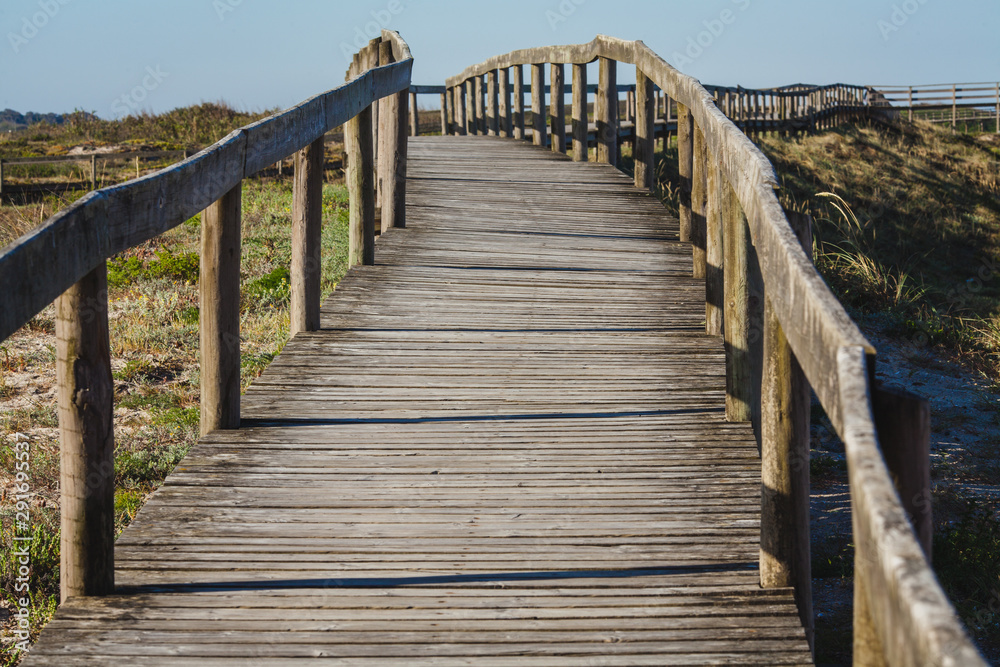 A wooden path on the coast of the atlantic ocean in Portugal