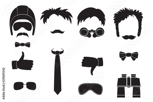 Dad day and men's holidays. Funny characters without faces and accessories. Flat style. Vector icons set isolated on white background.