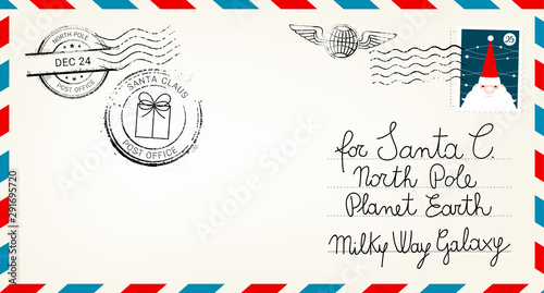 Dear santa claus mail envelope. Christmas surprise letter, child postcard with north pole postmark cachet vector illustration