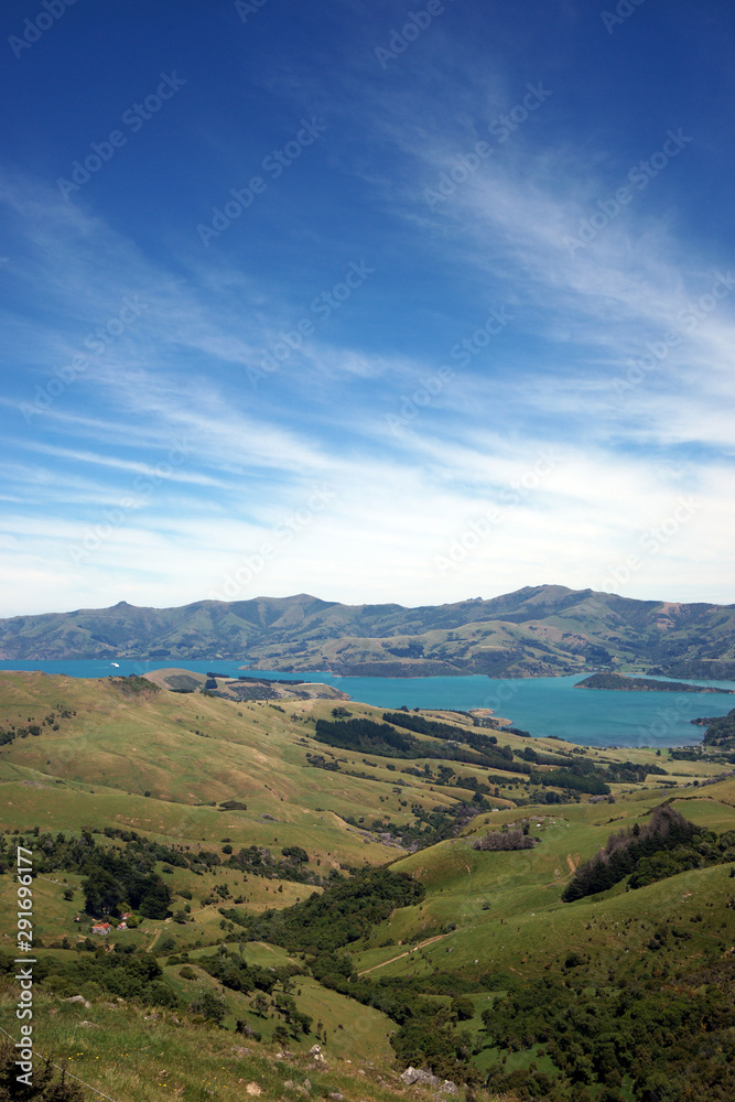 Panorama view of Akaroa harbour on the south island of New Zealand