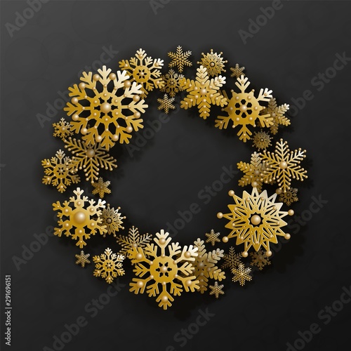 Christmas and New Year wreath with 3d golden snowflakes and space for text on black background. Elegant design in papercut style. Vector illustration