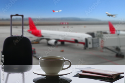 a cup of coffee at the airport