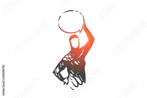 Muslim woman fighting for freedom of speech concept sketch. Hand drawn isolated vector
