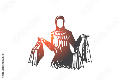 Muslim woman enjoying shopping concept sketch. Hand drawn isolated vector