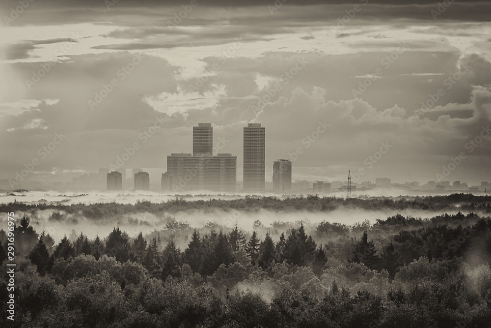 Sunset after rain over Moscow, Russia, retro black and white