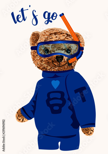 Scuba diver teddy bear drawing. A cute bear is about to dive into the water. Isolated object