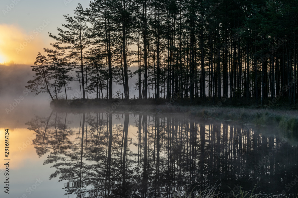 Scenic view from swamp , morning landscape with fog over a small forest lake and swamp at autumn morning, frost, beautiful reflections, Driskina lake, Raiskums parish, Latvia Scenic view from swamp , morning landscape with fog over a small forest lake and swamp at autumn morning, frost, beautiful reflections, Driskina lake, Raiskums parish, Latvia