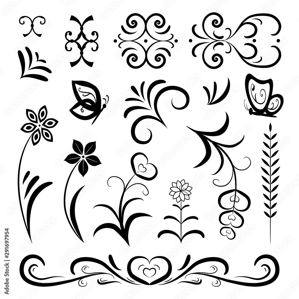 Vintage set of linear black elements on a white background. Flowers, leaves, curls, hearts for decorating romantic cards, invitations, books. Elegant symbols for your design. Flat vector illustration