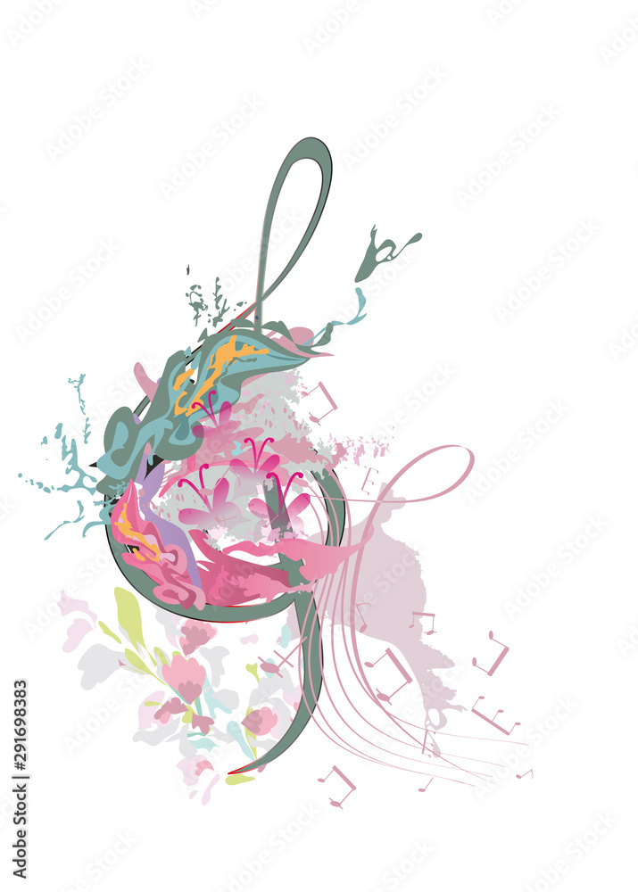 Abstract musical design with a treble clef and musical waves. Hand drawn vector illustration. Abstract musical design with a treble clef and musical waves. Hand drawn vector illustration.