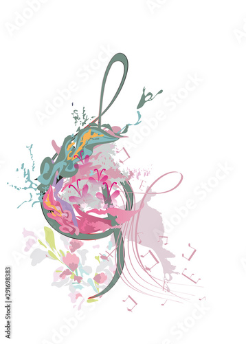 Abstract musical design with a treble clef and musical waves. Hand drawn vector illustration.