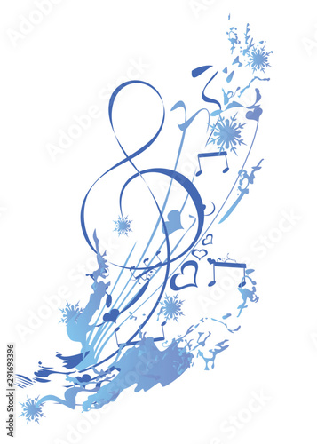 Winter music. Abstract treble clef decorated with snowflakes and notes. Vector illustration.