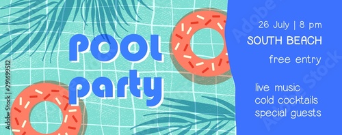 Pool party flat banner vector template. Summer season entertainment event inv...