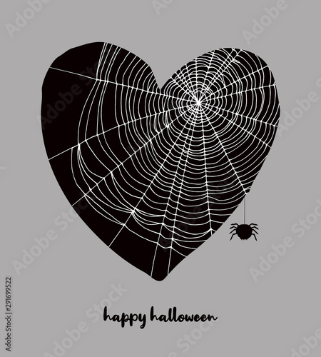 Funny Hand Drawn Halloween Vector Illustration with Black Heart Covered with White Cobweb. Black Heart and Fat Spider Isolated on a Dark Gray Background. Halloween Art for Card, Poster, Invitation.