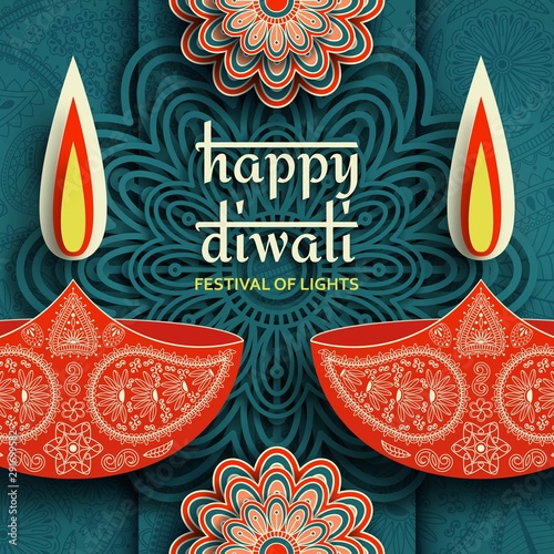 Greeting card for Diwali festival celebration in India. Vector illustration