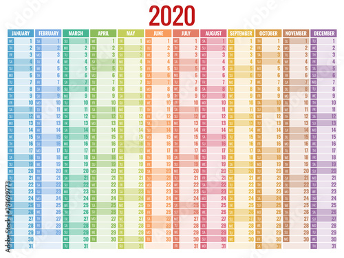 2020 year calendar. Holiday event planner. Week Starts Sunday. Corporate design planner template.