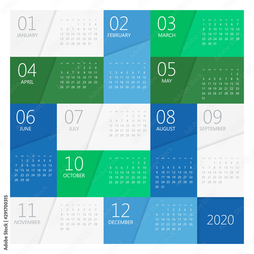 2020 year calendar. Holiday event planner. Week Starts Sunday. Corporate  design planner template. Stock Vector | Adobe Stock