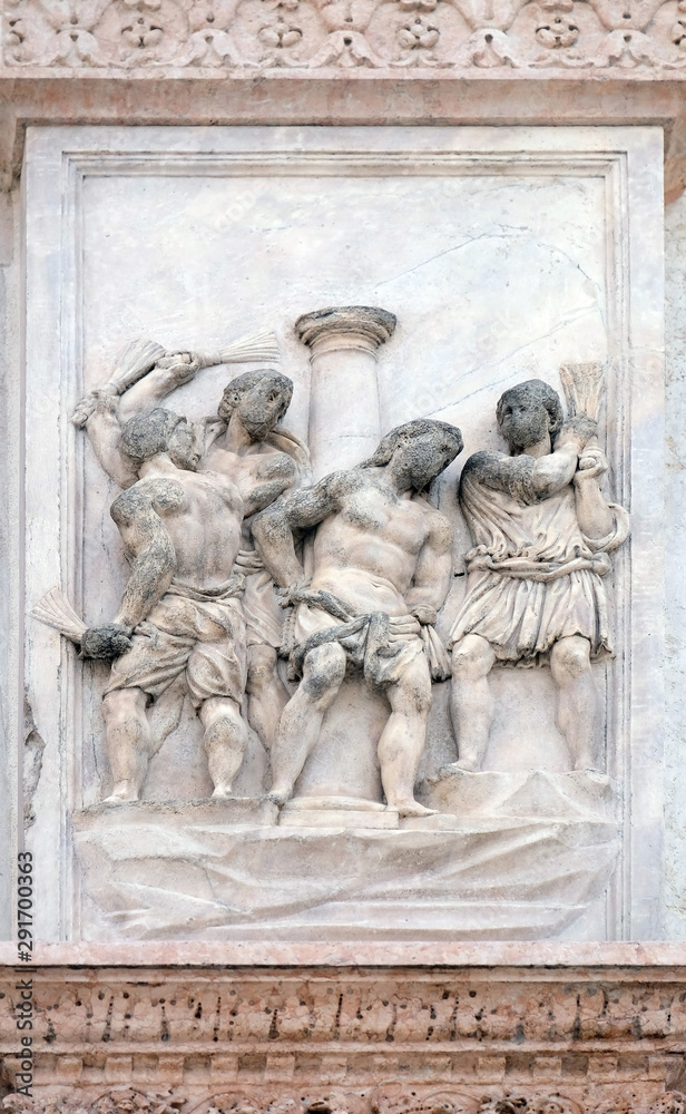 Flagellation of Christ by Giacomo Scilla, right door of San Petronio Basilica in Bologna, Italy