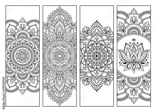 Printable bookmark for book - coloring. Set of black and white labels with flower patterns, hand draw in mehndi style. Sketch of ornaments for creativity of children and adults with colored pencils.