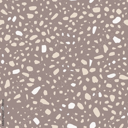 Decorative terrazzo flat vector seamless pattern. Small scattered particles decorative texture. Chaotic stone fragments monochrome background. Wallpaper, wrapping paper, textile geometric design.