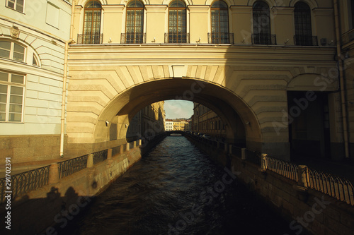 World heritage concept. Beautiful view at Zimnyaya Kanavka water channel and facades of its riverfront in Saint Petersburg from Hermitage bridge. Sunny weather. Outdoor shot
