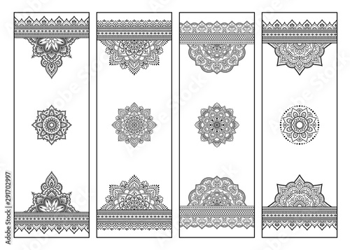 Printable bookmark for book - coloring. Set of black and white labels with flower patterns, hand draw in mehndi style. Sketch of ornaments for creativity of children and adults with colored pencils.