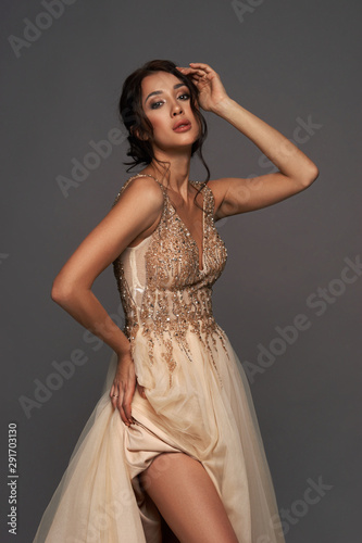 Young adult beautiful pretty elegant woman in luxury evening dress posing against gray background. Vogue style studio portrait