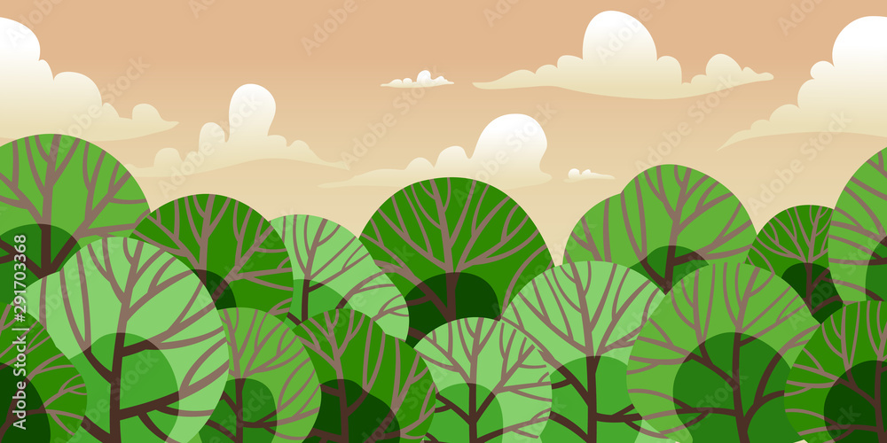 Fototapeta premium Summer landscape background of green trees. Seamless horizontal vector pattern