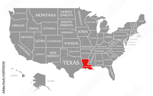 Louisiana red highlighted in map of the United States of America
