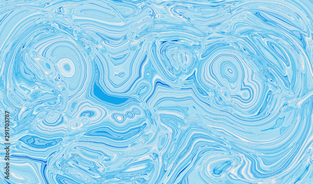 Light blue abstract liquid paint textured background with decorative spirals and swirls. Holographic gentle surface pattern for modern creative trendy design, marble texture style for illustrations