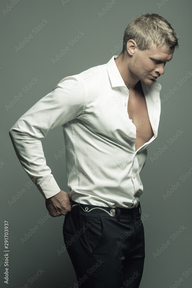 Sexy Stylish Man Posing White Shirt Isolated Brown Stock Photo by  ©AllaSerebrina 237466276