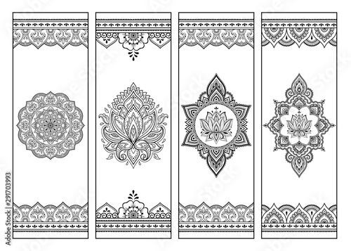 Printable bookmark for book - coloring. Set of black and white labels with flower patterns, hand draw in mehndi style. Sketch of ornaments for creativity of children and adults with colored pencils.