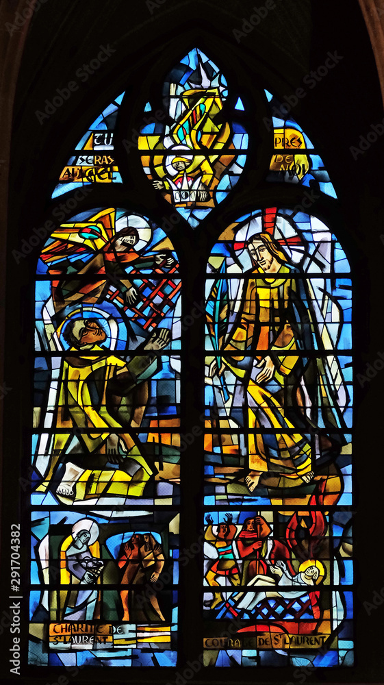 Life and martyrdom of Saint Laurent, stained glass windows in the Saint Laurent Church, Paris, France 