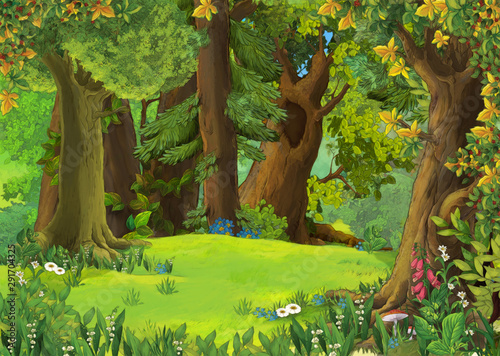 cartoon summer scene with meadow in the forest illustration for children