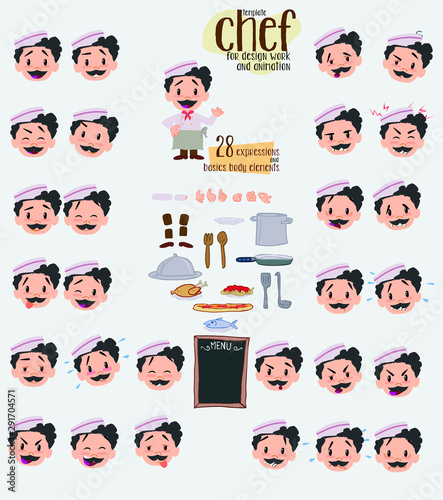 Chef. Twenty eight expressions and basics body elements, template for design work and animation. Vector illustration to Isolated and funny cartoon character.