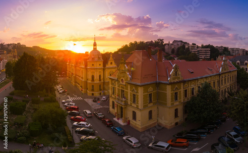 Brasov cityscape, panoramic and aerial view over medieval architecture of Brasov town from Transylvania, Romania