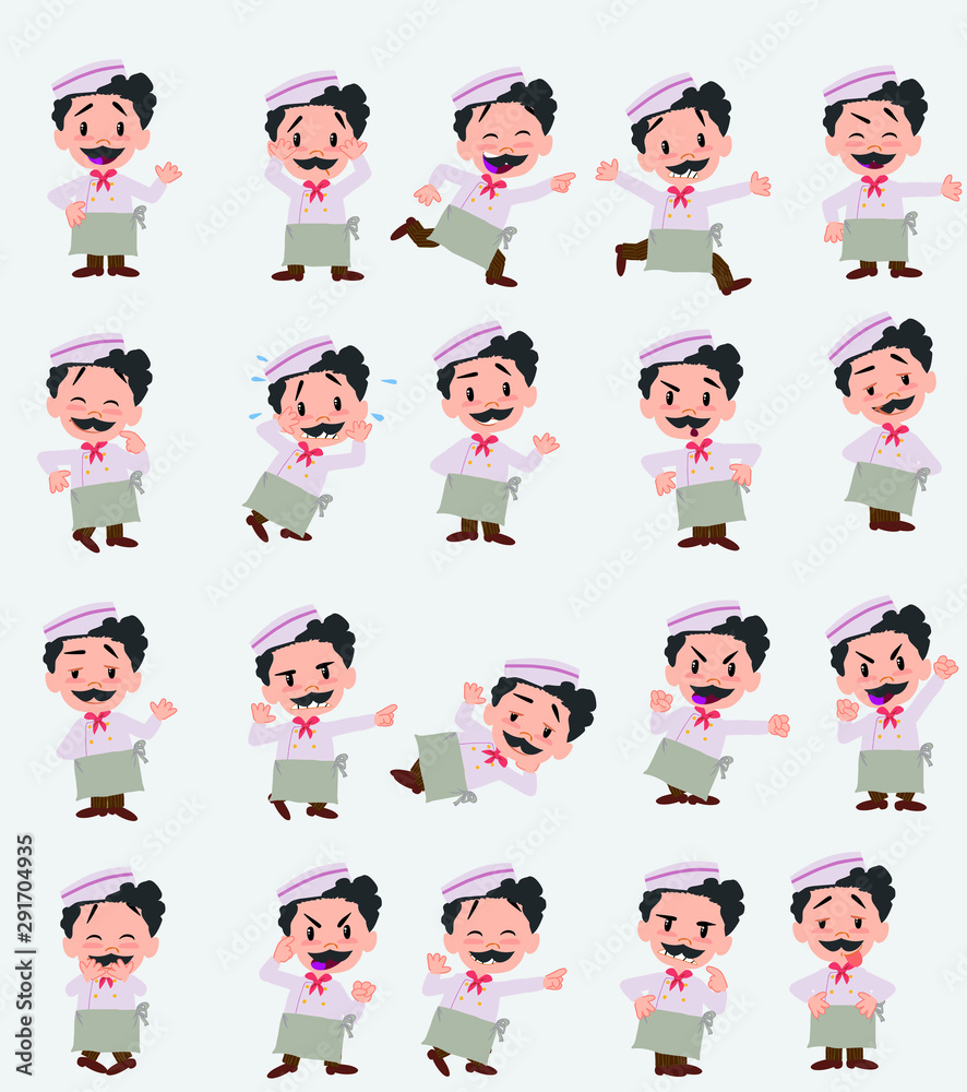 Cartoon character chef. Set with different postures, attitudes and poses, doing different activities in isolated vector illustrations. Cartoon character chef. Set with different postures, attitudes and poses, doing different activities in isolated vector illustrations.