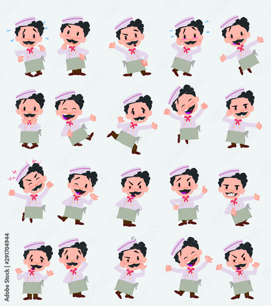 Cartoon character chef. Set with different postures, attitudes and poses, doing different activities in isolated vector illustrations. Cartoon character chef. Set with different postures, attitudes and poses, doing different activities in isolated vector illustrations.