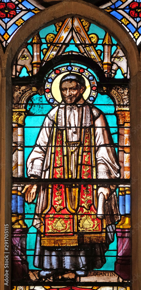 Saint Vincent de Paul, stained glass window from Saint Germain-l'Auxerrois church in Paris, France