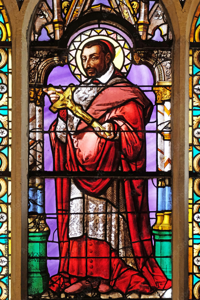 Saint Charles Borromeo, stained glass window from Saint Germain-l'Auxerrois church in Paris, France