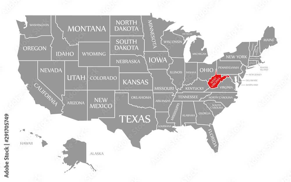 West Virginia red highlighted in map of the United States of America