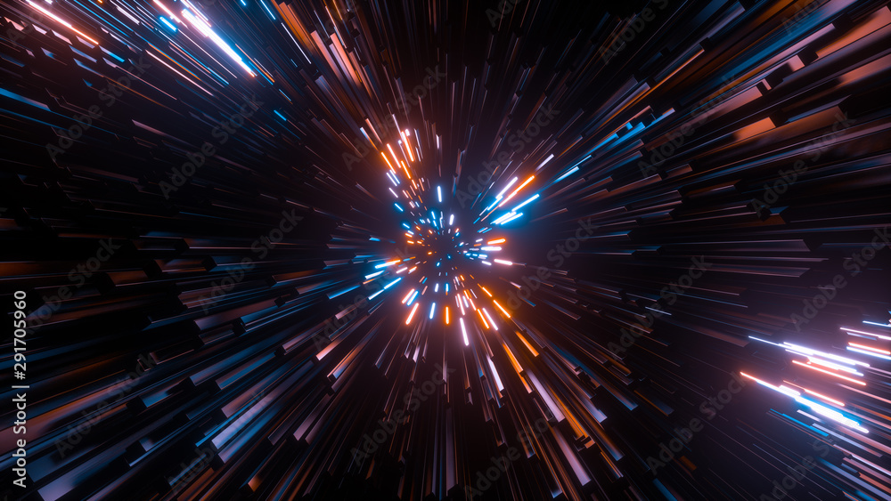 Naklejka premium Streszczenie jasne kreatywne tło kosmiczne. Hyper skok do innej galaktyki. Prędkość światła, neonowe promienie w ruchu. Piękne fajerwerki, kolorowa eksplozja, wielki wybuch. Spadające gwiazdy. Renderowanie 3d