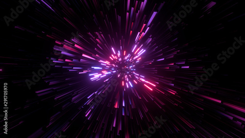 Abstract bright creative cosmic background. Hyper jump into another galaxy. Speed of light, neon glowing rays in motion. Beautiful fireworks, colorful explosion, big bang. Falling stars. 3d rendering