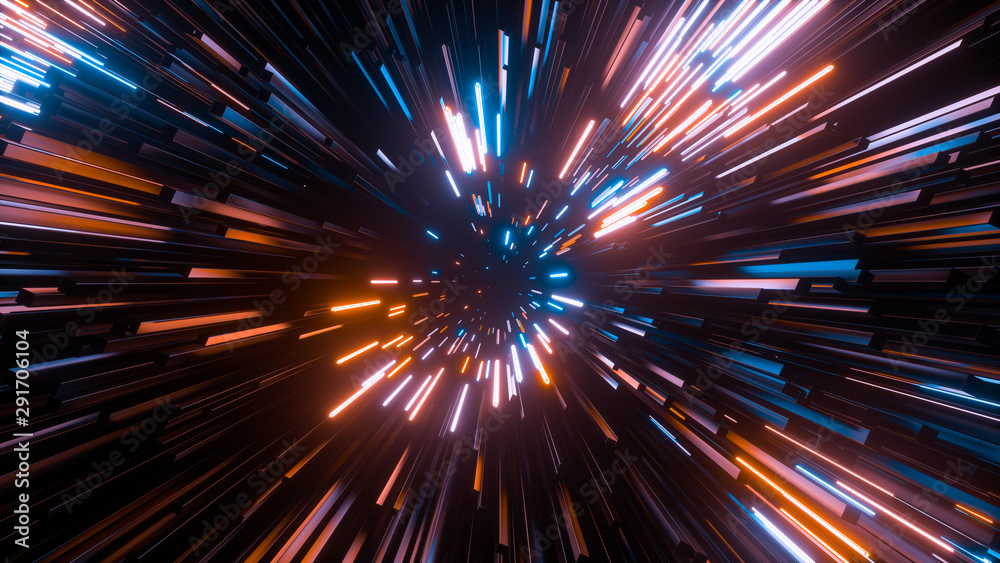 Abstract bright creative cosmic background. Hyper jump into another galaxy. Speed of light, neon glowing rays in motion. Beautiful fireworks, colorful explosion, big bang. Falling stars. 3d rendering Abstract bright creative cosmic background. Hyper jump into another galaxy. Speed of light, neon glowing rays in motion. Beautiful fireworks, colorful explosion, big bang. Falling stars. 3d rendering