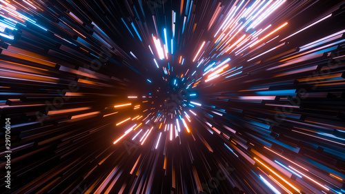 Fototapeta Naklejka Na Ścianę i Meble -  Abstract bright creative cosmic background. Hyper jump into another galaxy. Speed of light, neon glowing rays in motion. Beautiful fireworks, colorful explosion, big bang. Falling stars. 3d rendering