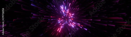 Abstract bright creative cosmic background. Hyper jump into another galaxy. Speed of light, neon glowing rays in motion. Beautiful fireworks, colorful explosion, big bang. Falling stars. 3d rendering
